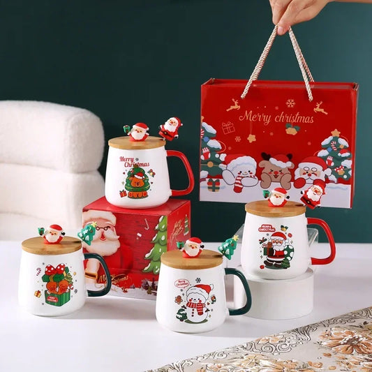 Souvenir Cute Christmas Gift Ceramic Mug with Lid and Spoon - High-value Santa Claus and Reindeer Pattern Coffee Mug