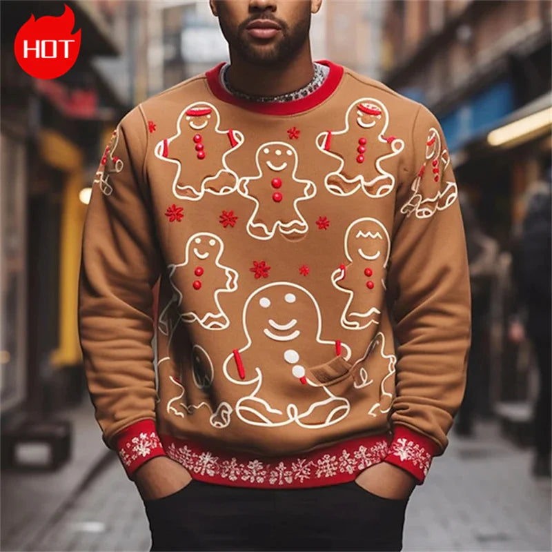 3D Printing Gingerbread Man Sweatshirts Vintage Happy Christmas Graphic Round Neck Hoodie Fashion Ugly Christmas Sweatshirt Tops