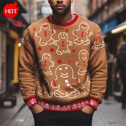 3D Printing Gingerbread Man Sweatshirts Vintage Happy Christmas Graphic Round Neck Hoodie Fashion Ugly Christmas Sweatshirt Tops