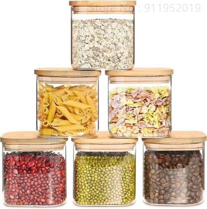 Glass Food Storage Jars with Bamboo Lids & Stackable Glass Pantry Food Canisters