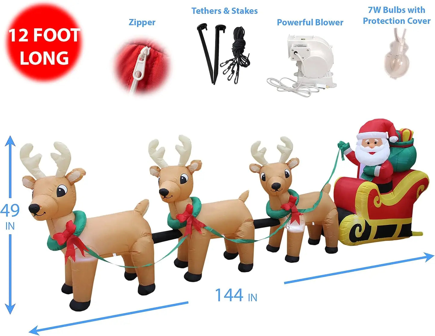 12 Foot Long Lighted Christmas Inflatable Santa Claus on Sleigh with 3 Reindeer Lights Decor Outdoor Indoor Holiday Decorations