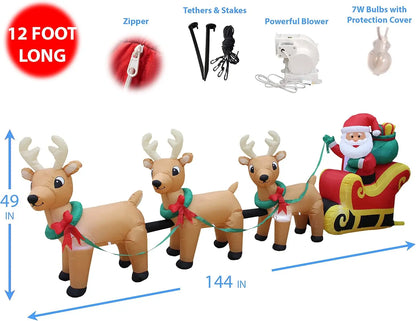 12 Foot Long Lighted Christmas Inflatable Santa Claus on Sleigh with 3 Reindeer Lights Decor Outdoor Indoor Holiday Decorations