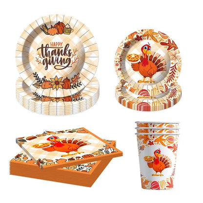 Thanksgiving Turkey Cartoon Theme Disposable Tableware Paper Plates Cups Balloons Flag Birthday Family Party Decoration Supplies