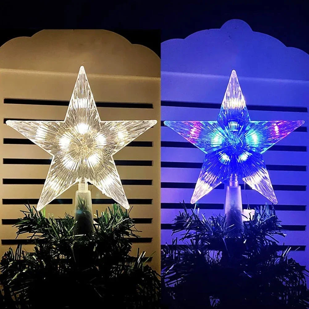 Glowing Christmas 15cm Tree Topper Xmas Tree Transparent Five-pointed Star Ornament Star Topper with LED Light for Home Decor