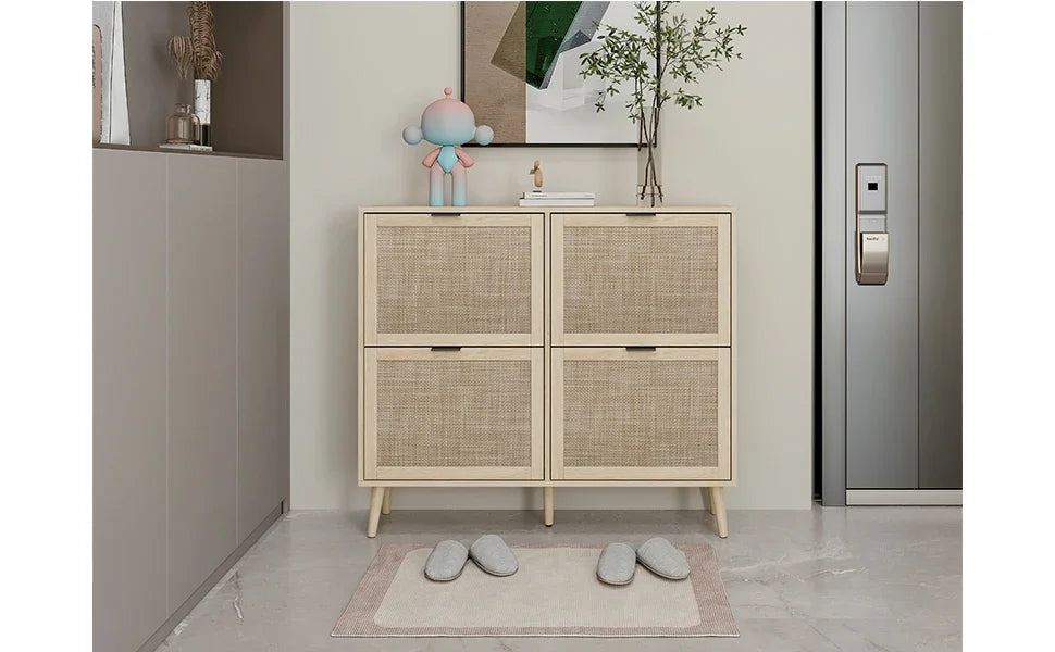 Rattan Shoe Cabinet with 4 Flip Drawers