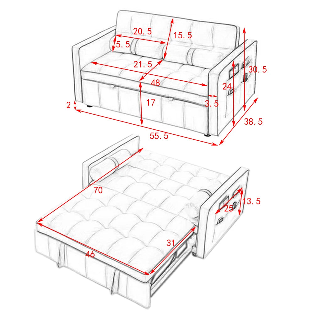 Modern Sofa Bed 2 Seater Loveseats Sofa Couch with side pockets, Adjsutable Backrest and Lumbar Pillows for Office Living Room