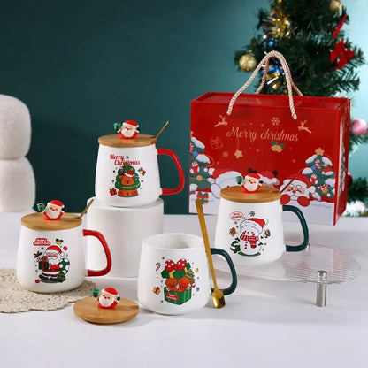 Souvenir Cute Christmas Gift Ceramic Mug with Lid and Spoon - High-value Santa Claus and Reindeer Pattern Coffee Mug