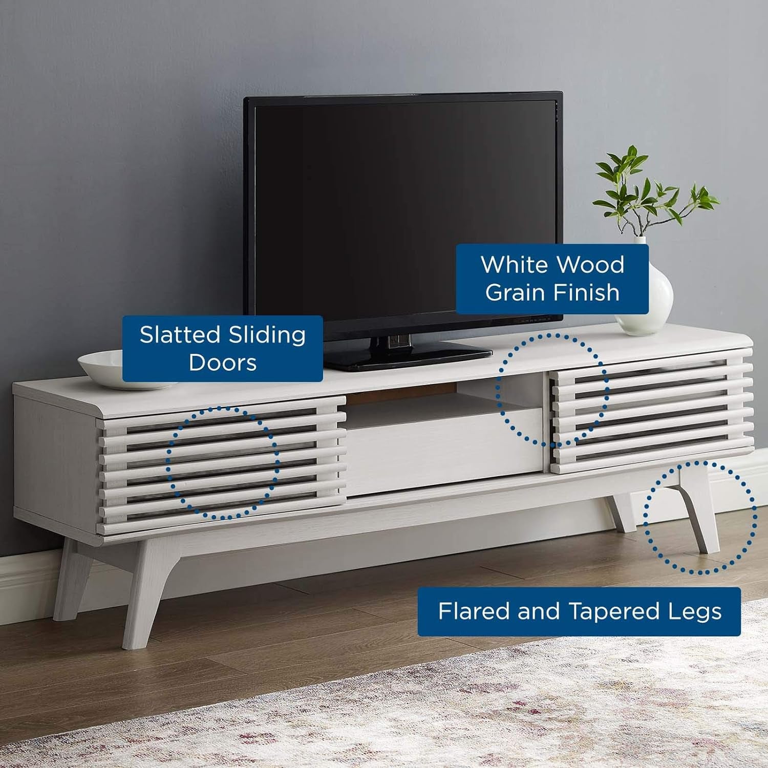 Render Mid-Century Modern Low Profile 59 Inch TV Stand in White