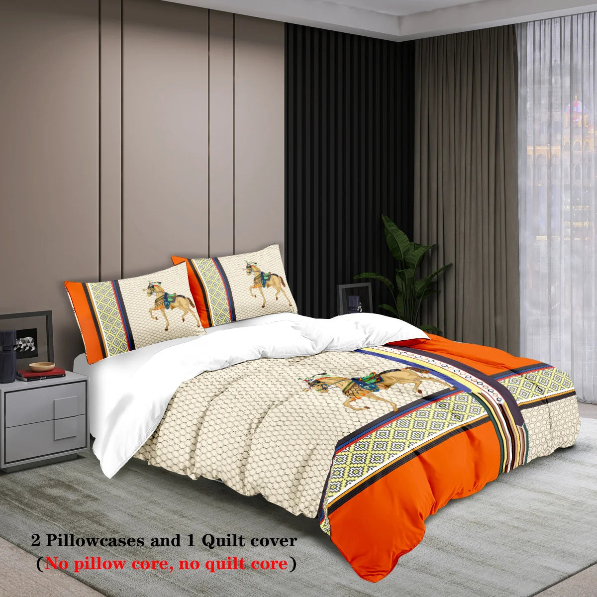 3Pcs Luxury Orange Stitching Digital Printing, Skin-Friendly, Breathable, 1 Quilt Cover + 2 Pillowcases Unfilled Bedding Set