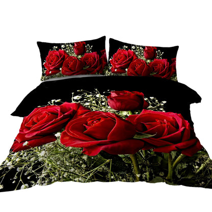 3Pc Babysbreath and Roses in Black Ground Bedding Set Comforter Cover Set Green and Red Floral Bedding with 2 Pillow Shams