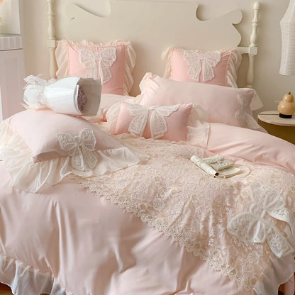 Korean Princess Bedding Set Coquette Lace Bow Beauty Solid Color Lace Ruffle Comforter Sets Luxury Girls Wedding Duvet Cover