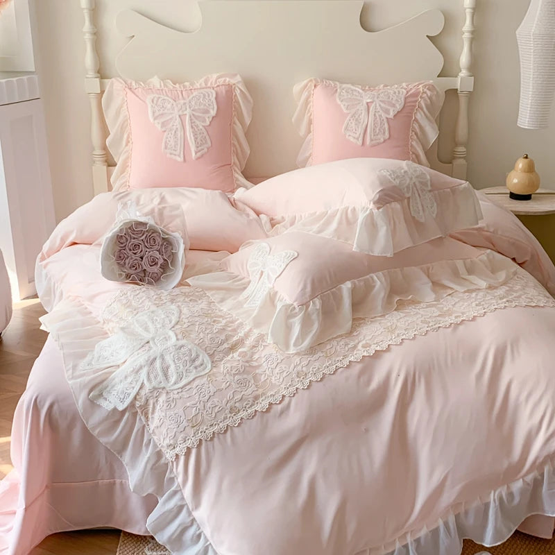 Korean Princess Bedding Set Coquette Lace Bow Beauty Solid Color Lace Ruffle Comforter Sets Luxury Girls Wedding Duvet Cover