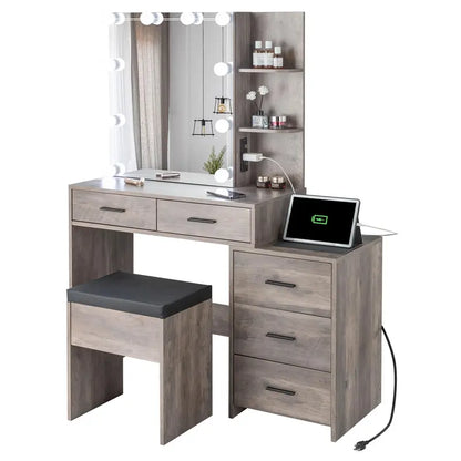 White Vanity Desk with Mirror,Lights and Charging Station,Make up Vanity Mirror with 3 Lights Mode and Brightness Adjusted,Large Storage Space-5 Drawers and Cabinets with Door Dressing Table for Bedroom