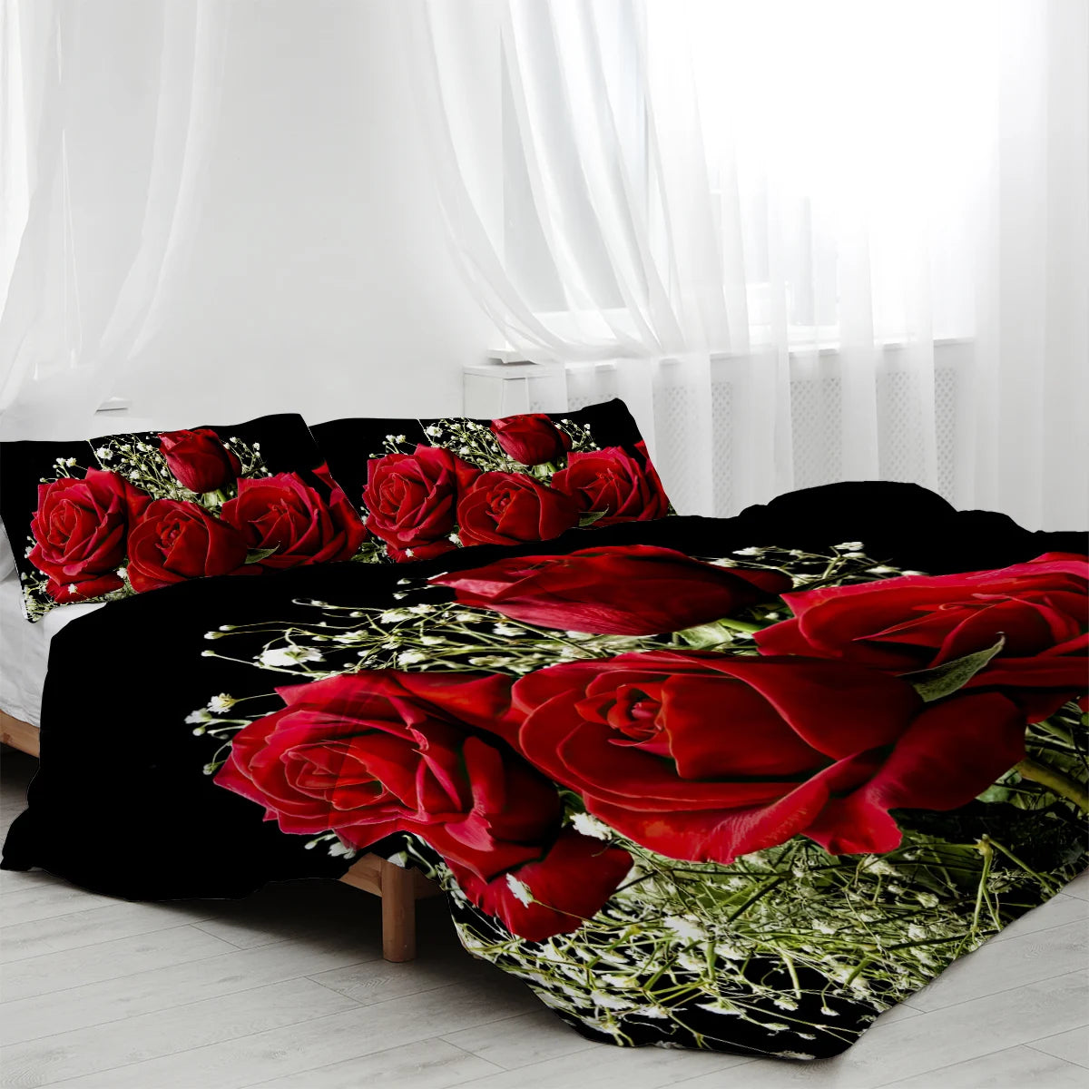 3Pc Babysbreath and Roses in Black Ground Bedding Set Comforter Cover Set Green and Red Floral Bedding with 2 Pillow Shams