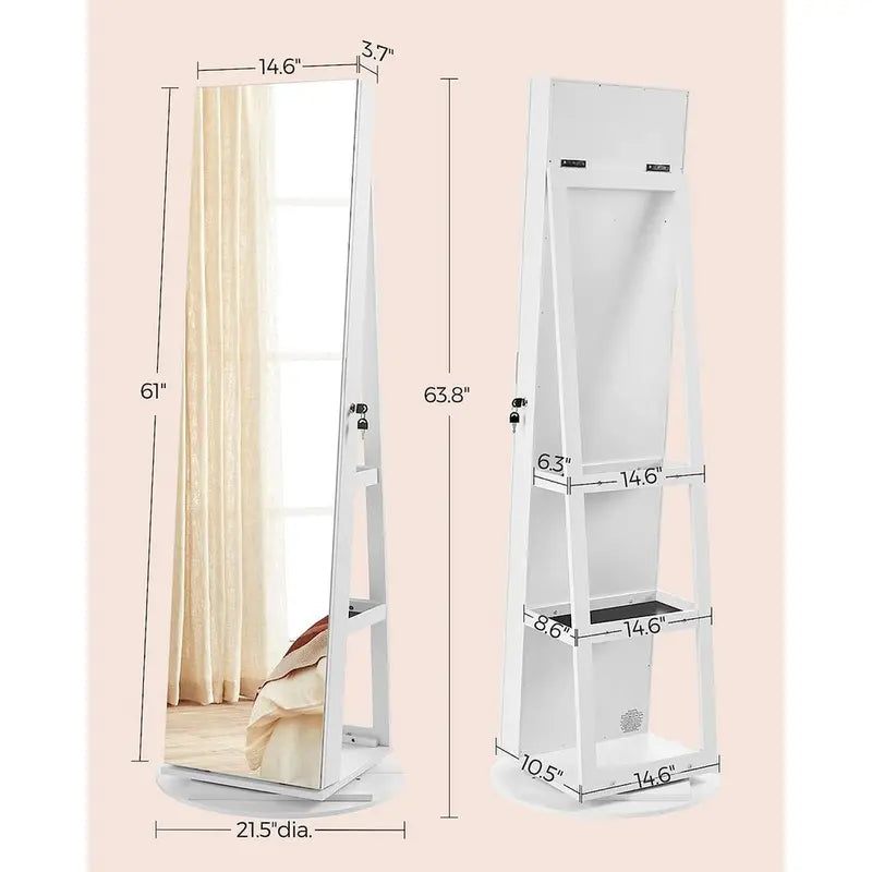 【Deals for You】Songmics Lockable Mirror Jewelry Cabinet,Standing Jewelry Armoire, Jewelry Organizer, Frameless Full-Length Mirror, 3 Storage Shelves