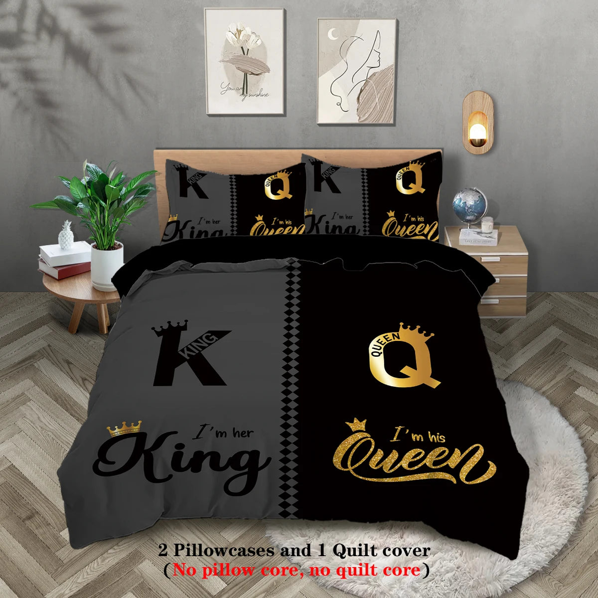 3Pcs Fashionable Black Gray K and Q Design Printed Bedding Set, Soft, Comfortable and Breathable Duvet Cover, Bedroom, Hotel