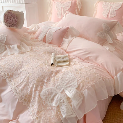 Korean Princess Bedding Set Coquette Lace Bow Beauty Solid Color Lace Ruffle Comforter Sets Luxury Girls Wedding Duvet Cover