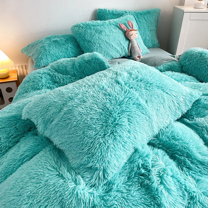 3Pcs Fluffy Black Plush Shaggy Duvet Cover +2Pcs Pillowcases Zipper Bedding Set Soft Velvet