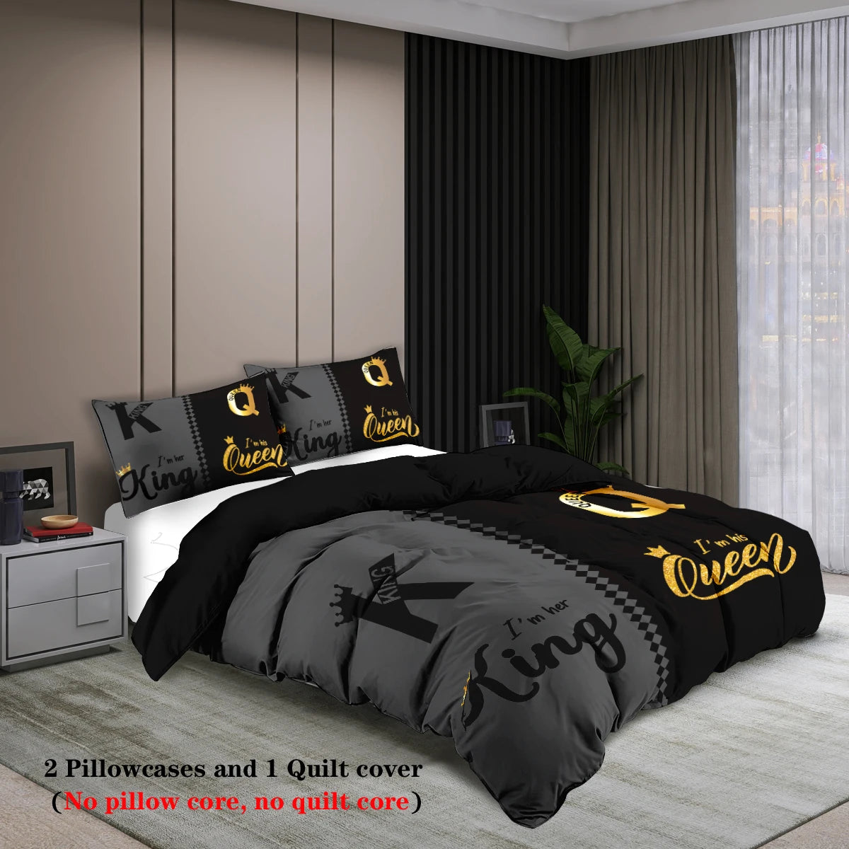 3Pcs Fashionable Black Gray K and Q Design Printed Bedding Set, Soft, Comfortable and Breathable Duvet Cover, Bedroom, Hotel