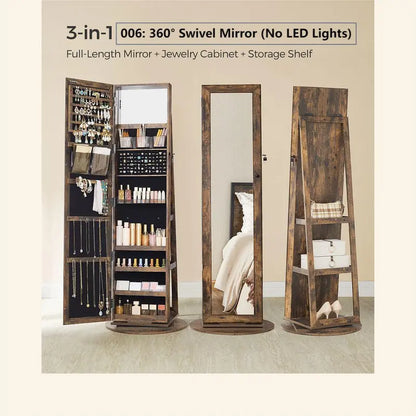 【Deals for You】Songmics Lockable Mirror Jewelry Cabinet,Standing Jewelry Armoire, Jewelry Organizer, Frameless Full-Length Mirror, 3 Storage Shelves