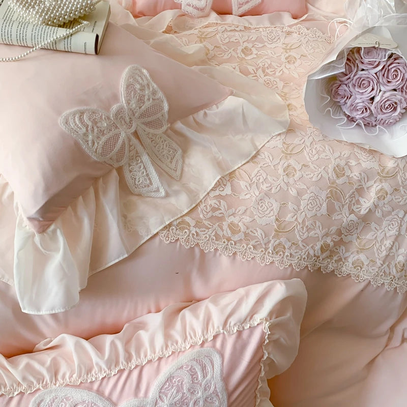 Korean Princess Bedding Set Coquette Lace Bow Beauty Solid Color Lace Ruffle Comforter Sets Luxury Girls Wedding Duvet Cover