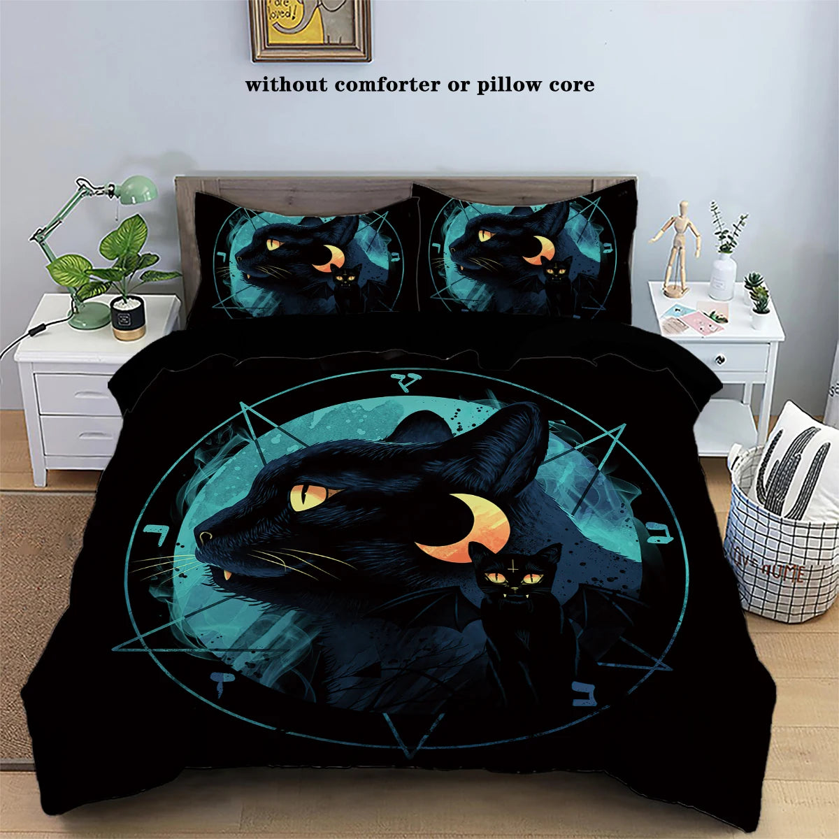 3 Piece down Set with Black Cat Moon Print Pattern (1 down Duvet Cover+2 Pillowcases, No Core), Comfortable Bedroom Bedding