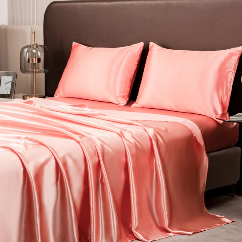 Solid Color Satin Sheet and Pillowcase Set，Luxurious Bedding Ensemble with a Silky Sheen，Twin/Full/Queen/King Size