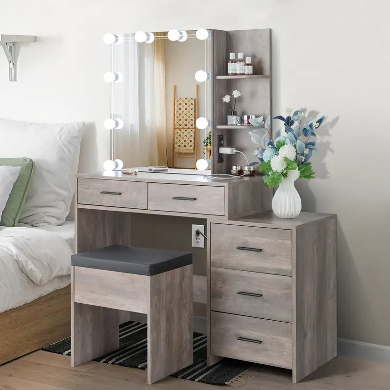 White Vanity Desk with Mirror,Lights and Charging Station,Make up Vanity Mirror with 3 Lights Mode and Brightness Adjusted,Large Storage Space-5 Drawers and Cabinets with Door Dressing Table for Bedroom