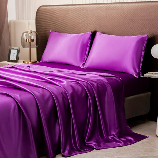 Solid Color Satin Sheet and Pillowcase Set，Luxurious Bedding Ensemble with a Silky Sheen，Twin/Full/Queen/King Size