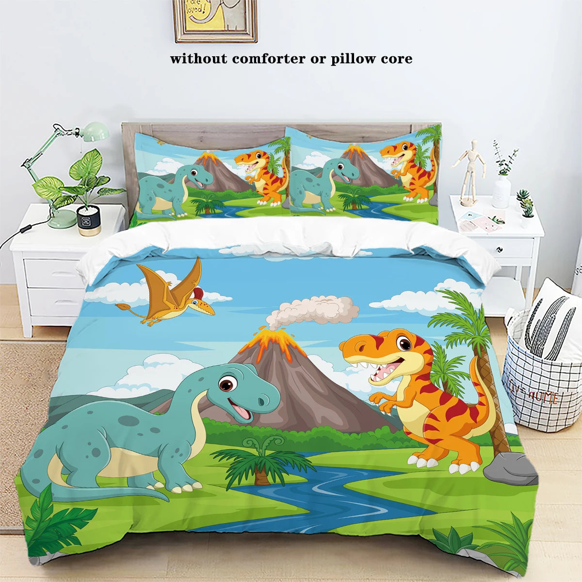 3-Piece down Set with Cartoon Dinosaur Print Pattern (1 down Duvet Cover+2 Pillowcases, No Core) Bedding