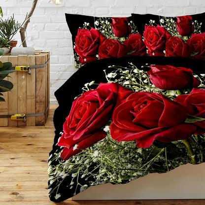 3Pc Babysbreath and Roses in Black Ground Bedding Set Comforter Cover Set Green and Red Floral Bedding with 2 Pillow Shams