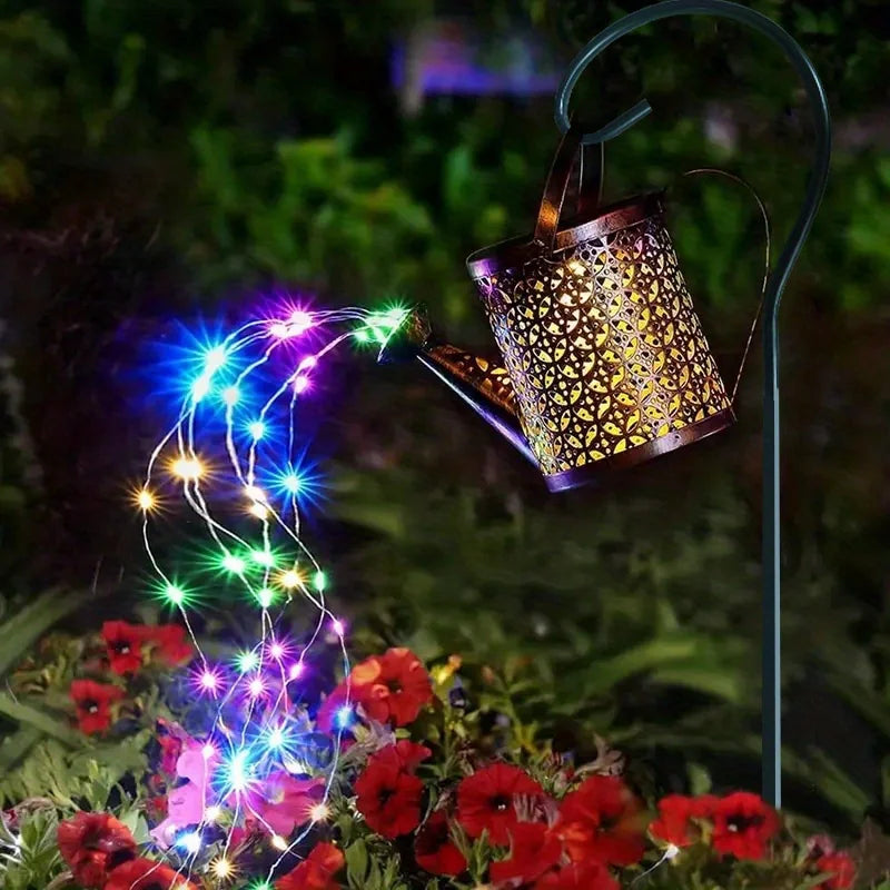 Metal Lantern Solar Watering Can Light Outdoor Solar Waterfall Lights Waterproof Hanging Light Garden Decor Fairy Art Decorative