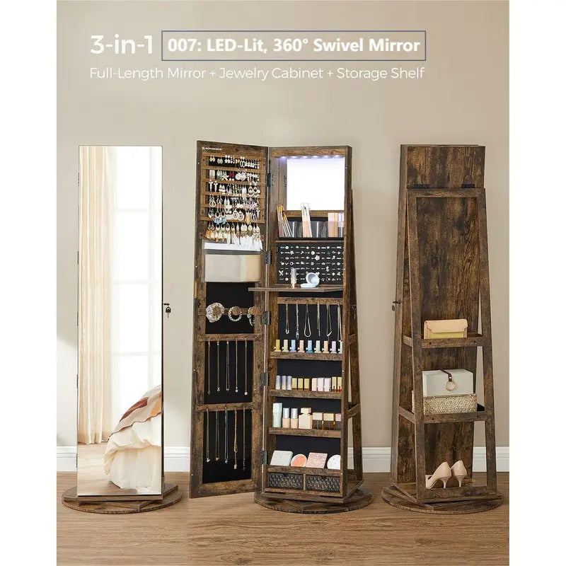 【Deals for You】Songmics Lockable Mirror Jewelry Cabinet,Standing Jewelry Armoire, Jewelry Organizer, Frameless Full-Length Mirror, 3 Storage Shelves