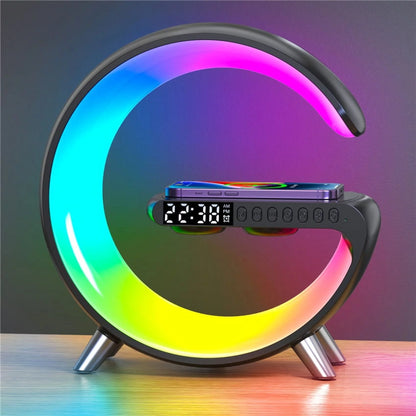 Wireless Charger Stand Alarm Clock Speaker RGB Fast Charging Station for Iphone Samsung - Black