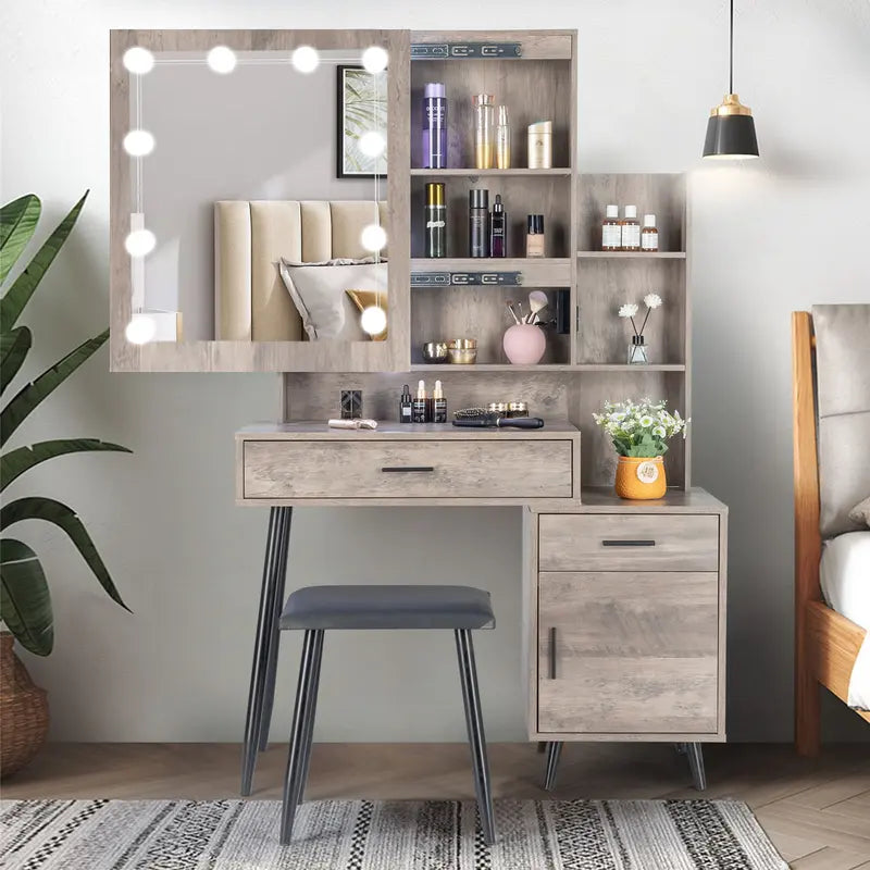 White Vanity Desk with Mirror,Lights and Charging Station,Make up Vanity Mirror with 3 Lights Mode and Brightness Adjusted,Large Storage Space-5 Drawers and Cabinets with Door Dressing Table for Bedroom