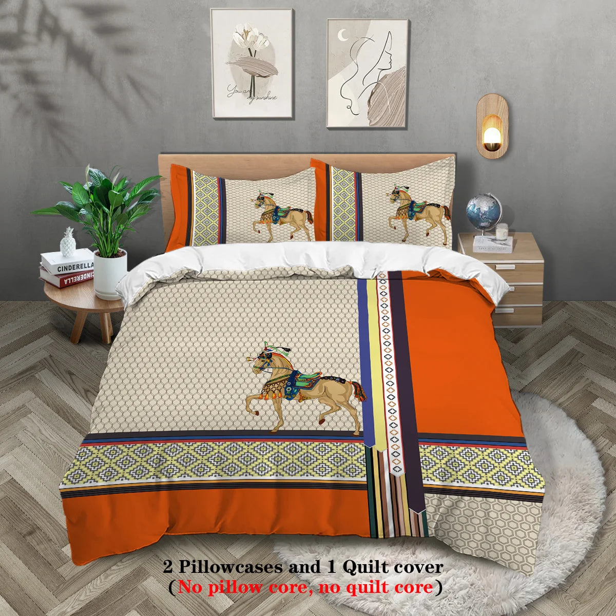 3Pcs Luxury Orange Stitching Digital Printing, Skin-Friendly, Breathable, 1 Quilt Cover + 2 Pillowcases Unfilled Bedding Set